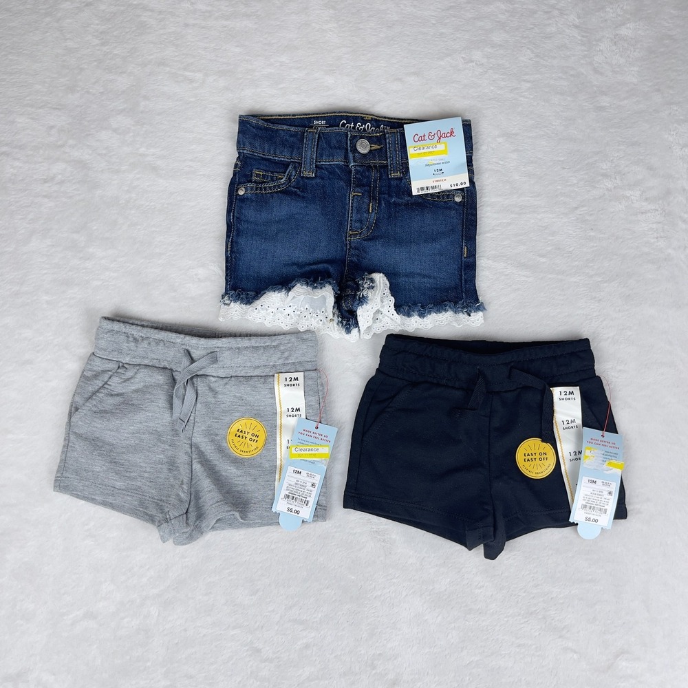Lot of 3 Cat & Jack Shorts Baby Girls 12M Blue Stretch Mid-Rise Adjustable Waist
